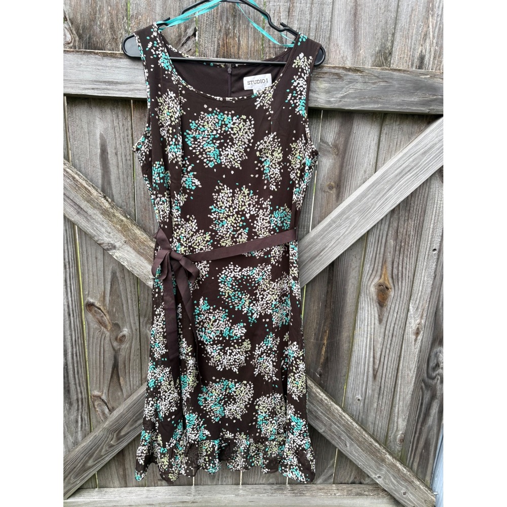 Studio I Brown Teal Floral Sleeveless Ruffle Hem Belted Dress Size 10 83510